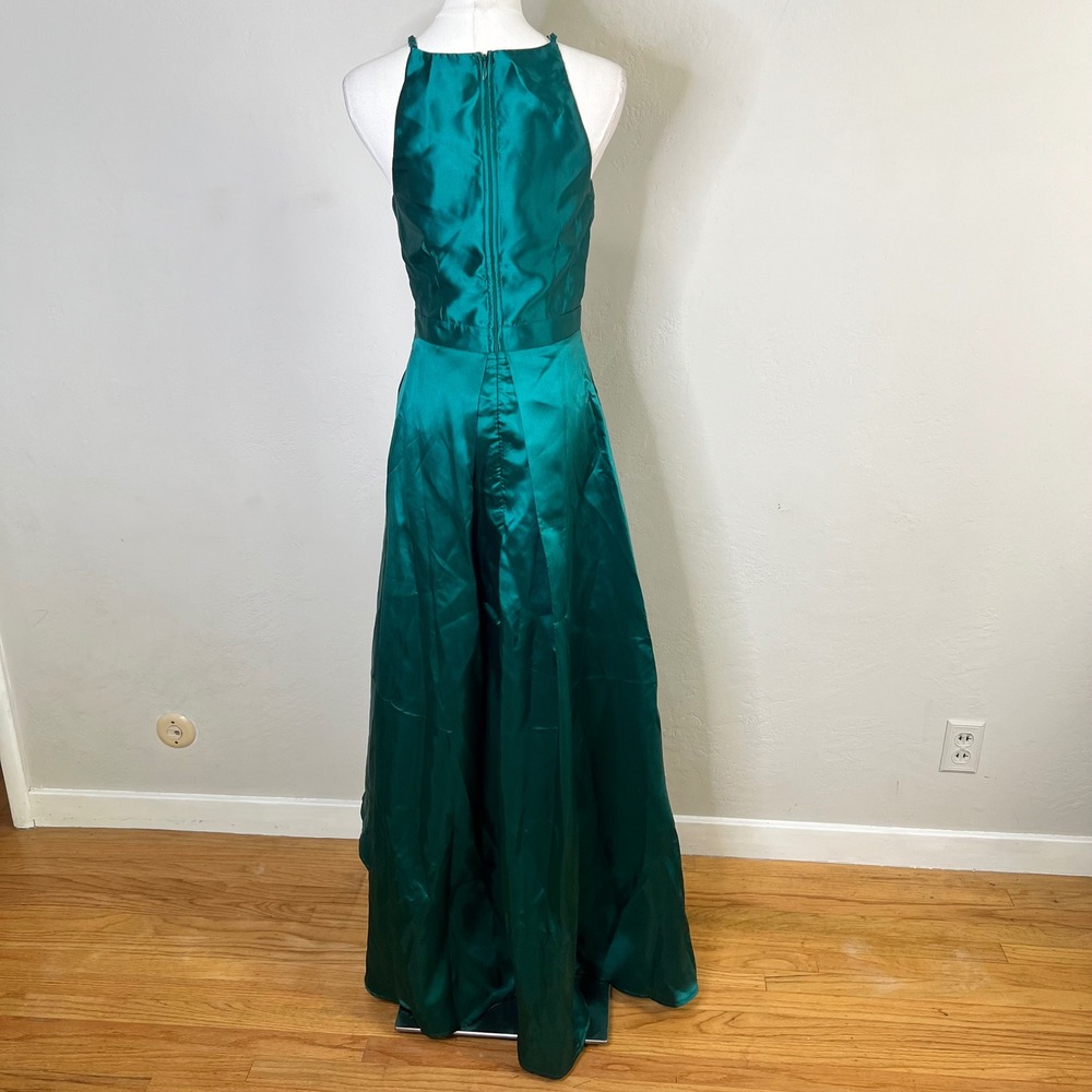 Lulus Gown High-Low Halter Neck Size Small Emerald‎ Green Satin Pockets New - Picture 3 of 8